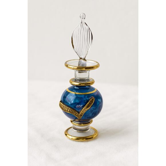 Vintage Egyptian perfume bottle hand blown blue glass with gold guilt - Picture 1 of 9